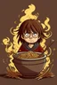 Placeholder: Angry Harry Potter with pot with chinese noodles on the head stay behind the Hermione Granger