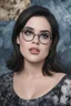 Placeholder: cross-eyed Lucy Hale Elvis Presley hybrid, , 4k UHD, photorealistic, ((big, full, plump, pouty lips:1.5)) black hair, big cat-eye eyeglasses, dark blue foggy gradated marble wall background