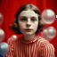 Placeholder: Emma corrin freckles and red cheeks, floati g in a bubble, autochrome, background with red and white stripes