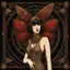 Placeholder: Full Body, Art Nouveau Woman With A Bob With A Fringe Hairstyle, Cleopatra Clothing, Steampunk Metal moth with red wings, Black Background