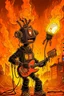 Placeholder: Firestarter animateur radio hardrock with a microphone. Seems angry against robots. Flames all around