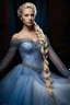 Placeholder: dark brown wood panel background with an overhead spotlight effect, 18-year-old Princess, Elsa Jones, Blue eyes, bleach blonde hair, braided, imbued with Freeze powers, head and shoulders portrait, wearing a blue, lacy Prom dress with a tiara, full color -- Absolute Reality v6, Absolute reality, Realism Engine XL - v1