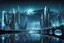 Placeholder: Dreamlike skyline of downtown weird futuristic hightech dark city in 4050 and a stunning futuristic unique glass-metallic shiny bridge during moonlight over the dark silver color river, cold colors, evil atmosphere, high detalied, dark sci-fi mood,distopia, landscape