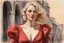 Placeholder: elegant blonde woman in firenze in red costume in sunshine, shading pastel and charcoal