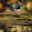 Placeholder: dusk landscape with lake,boat and human body, universe-like Soap Bubble,complex surgical instruments mixed with human body-like musical instruments,minimalism,Painting By Adrian Ghenie, Rene Magritte, Basquiat ,Salvador Dali, Lucian Freud, Jan Van Eyck