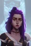 Placeholder: arcane tv show style, league of legends, solo, 1girl, attractive teenager, african, dark skin, dark-brown eyes, black hair, pair buns, violet strands of forehead bangs, necklace, earrings, modern makeup, (detailed skin texture), white oversize shirt