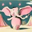 Placeholder: 1940s animation art of Dumbo, a baby circus elephant with abnormally large ears that allows him to fly, surreal scene, pink parade of elephants, conceptual art, watercolor paint, early salt disney animation, hand drawn, modernist cute, Mary Blair, Harold Pearl, over exaggerated cartoonist