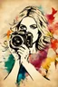 Placeholder: portrait of a blonde woman with a camera, background old torn paper, bright colors, ART drawing