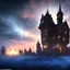 Placeholder: nightsky, blue, black, fields, abandoned buildings, ruins, cottage, gothic castle, metallic, gold, shiny,