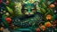 Placeholder: a vibrant and fantastical illustration of a majestic (half cat half snake), nestled among lush foliage and flowers, mythical creature, digital art, whimsical, colorful, front view, close up, magical realism, intricate details, trending on artstation, high resolution