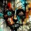Placeholder: Abstract, expressionist, sketch, grunge, destroyed, apocalyptic, minimal, empty, a face with rotting jewels for eyes that cries acid into a burning building
