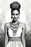 Placeholder: Black and white hand drawn sketch, cubism style, grainy, use shadows and shading, visible pencil strokes, an Indonesian woman with striking eyes, white tribal dress, low cut top, native necklaces, visible skin texture, slim and pale tanned-skinned native Indonesian woman, hair in a bun, Bokeh background, golden ratio. Supermodel beautiful and smiling, facing the camera