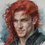 Placeholder: dnd, fantasy, watercolour, portrait, illustration, male, face, green eyes, determined, happy, red hair, very long hair, radiating light, five o'clock shadow