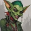 Placeholder: The image shows a female goblin with a mischievous grin, her sharp teeth peeking out as she takes a drag from a joint. Her emerald green skin is adorned with intricate tattoos and piercings, adding to her rebellious and edgy appearance. She wears a mix of tattered and modern clothing, combining elements of fantasy and urban street style. The goblin's gaze is intense and alluring, hinting at a complex personality that defies traditional expectations. In the background, a faint haze of smoke envel