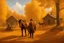 Placeholder: Fascinating, ultra-realistic nature in the photo. Golden autumn. A 32-year-old man in 19th-century Russian clothes stands with his head raised to the sky, a smile on his face. In the background, a 19th-century estate and three horses stand at the outhouse.