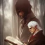 Placeholder: half body shot of calm elf with white hair in brown suit reading a legendary book, fantasy character, somber, gloomy lighting, epic perspective, trending on artstation