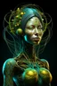 Placeholder: Create a surreal, futuristic portrait of a humanoid woman organic hair figure with a bright, skin surface. The figure’s head and upper body are partially disintegrated, revealing intricate, glowing, organic structures beneath the surface. The inner structures are illuminated with teal and golden hues, resembling bioluminescent veins or energy cores. The figure is in a contemplative pose, with one hand gently touching its chin. The background is minimal and abstract, allowing the focus to remain