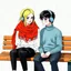 Placeholder: Sketch of a girl like elle fanning with yellow hair and large red scarf and à boy with black hair and blue eyes, a turtleneck sweater, sitting on a bench, listening to music