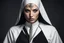 Placeholder: A sensually rebellious nun, her forbidden allure highlighted by intricate tattoos peeking out from beneath her traditionally modest habit. Holding a gleaming longsword with a confident grip, her face fills the frame with an intensity that draws in the viewer. This realistic portrait captures every crease and imperfection in her weathered skin, heavily shadowed to add a mysterious depth to her expression. The cigarette held delicately between her lips adds a touch of danger to her otherwise seren