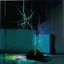 Placeholder: Minimal abstract oil painting of a neon plant in concrete warehouse brutalist architecture and hanging wires illuminated at night. With triadic colours. In the style of Justin Mortimer and Phil Hale, Ashley Wood