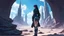 Placeholder: skinny sci-fi girl with long dark hair on an alien planet with tall spires, buildings, bridges, and arches