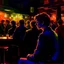 Placeholder: a single figure in a crowded bar at night, young people, dark colors, impressionist style