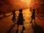 Placeholder: children playing on the indian street capture them against the sun and make an art silhouette, details, sharp, black and white 8k