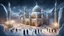 Placeholder: Hyper Realistic areal Photographic-aerial-view of lots-of-young-muslim-men-worshiping outside a Huge-Beautiful-Iced-Mosque-with-detailed-craft-work-on-walls & with Frozen-Iced-minarets & stone-boundary-wall on a frozen-mountain-top with heavy-snowfall-night showing dramatic & cinematic ambiance.