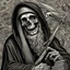 Placeholder: hedcut wsjstyle engraved light lined based on united states federal reserve note dollar bill with the grim reaper the president photorealistic