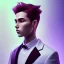 Placeholder: man, cute face, white highlight hair, brown eye, white, skin, purple suits, futuristic, science, purple, blue, dark pink background lighting, technology, profile, asian boy, square face, orange backlight