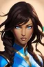 Placeholder: Avatar Korra, brown skin, dark brown hair, blue eyes, woman, in the art style of Berserk