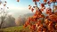 Placeholder: Autumn: falling leaves, chestnuts, acorns, berries, Misty mornings, fog over distant fields or forests, sunshine; people wear scarves, woolly hats, gloves, warm drinks; birds migrating, squirrels gathering nuts, rabbits, deer, beautiful colours, atmospheric. Award winning photograph.