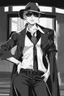 Placeholder: manga, anime, drawing, art, cartoon, perfect body, perfect hands, perfect face, perfect eyes, perfect arms, perfect cowboy hat, mafia woman, female mafia,, short hair pixie cut shaved side, black suit and tie, sunglasses, badass, cool, attractive