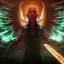 Placeholder: king shamn , avatar , swords , angel wings . 4k , unreal engine , wallpaper, high detail, hyper detailed, magic, copper, gold, black, red, green, purple, crimson, smoke, particles, Beam of light, necromancy, divination, supernatural powers, omen, hidden knowledge, event, foresee, foretell, fortold, art, fantasy, towering stature, grandiose, overpowering render, dark fantasy, unreal engine, raytracing