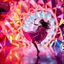 Placeholder: A young lady in modern dress dances in a vibrant, vibrating, color-rich 3D stage of metallic and crystal recursive geometric structures and an evolving ,Creative 3d fractal art, blurred bokeh effect,