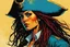 Placeholder: create an imaginative female, ornately dressed Turkish pirate with finely detailed facial features, short dreadlock hair, in the comic book art style of Bill Sienkiewicz, Mike Mignola, and Jean Giraud Moebius, finely textured, drawn, colored, and inked