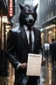 Placeholder: Werewolf in a suit walking the streets of Soho in the rain. He's holding a resraurant menu in his hand, and his hair is perfect. There is a Chinese restaurant in the background. Photograph.