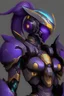 Placeholder: One Genderless Cyborg made of old rusted metal, has a human like face with a really long violet ponytail, the armor is similar to Omega from Megaman. The color palatte of the armour is deep purple and yellow. They have Turquoise colured eyes. The Background is dark grey.