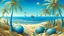 Placeholder: A blue beach with seashells and palm trees in Surrealism art style