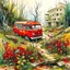 Placeholder: Landscape painting of ruins of apocalyptic streets, abandoned buses, staggered circling forests, surrounded by rust-colored vines, a sika deer staring ahead, precisionism, watercolor, with a few beautiful wild red flowers