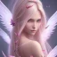 Placeholder:  beautiful, soft, big smiling face, pink and brilliant atmosphere, long straight blond hair, big fairies transparent wings in the back