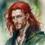 Placeholder: dnd, fantasy, watercolour, large strokes, stylistic, portrait, illustration, dull colours, male, face, narrow long face, weathered face, green eyes, determined, smiling, red hair, very long hair streaming down the shoulders, lush hair, radiating light, five o'clock shadow, elegant, short small mouth, wide smile