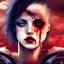 Placeholder: spanish illustrator, hyper realistic, young spanish girl, short hair. blue eyes. lips red with blood. tatoos on neck. dressed in leather and metal bra. Tintoretto ships. pirate movies, high details, thunderstorm. 4k, unreal engine