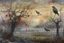 Placeholder: arafed whimsical folk art: post-apocalyptic grey tones, serene overgrown landscape at dawn after the end of humanity, wild plum trees covered in tremulous delicate white blossoms, soft mist and gentle falling rain, a vibrant robin with glowing fiery red feathers perched on a rusted low fence-wire in the foreground, swallows in flight blurred in the misty morning sky, lush green moss and damp dark earth, subtle abandoned decaying wooden posts fading into nature, soft ethereal dawn lighting, cool