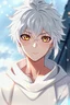 Placeholder: Anime boy with white hair and golden eyes, handsome, pretty and 14 years old