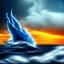 Placeholder: Dragon, ship in storm at sea, waves, blue, storm, clouds, photo realistic, 8k,anatomically correct, fire, flame, orange, sunset