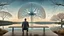 Placeholder: a figure sits with his back to the camera on a beautiful bench in a beautiful landscape and overlooking the water of the nearby lake, calm, harmonious atmosphere, muted, not too colorful colors, Whimsical style and big neuron network in giant dome background on sky, surreal stunning vibe