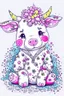 Placeholder: A cute cow dressed in a onezy pajama outfit. The onezy has pink polka dots on and is thick and cozy. She has a flower in her hair