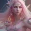 Placeholder: cheerful fairy, pink, blonde hair, beautiful, whole face, whole top hair head, wide open blue eyes, transparent wings onn the back, hyperrealism, masterpiece, expert, cinematic lighting, sharp focus, 8K, pastel, macro lens, woman, detailed, flower