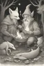 Placeholder: a gnome and a goblin eating in front of a fish fire and a figure with fox mask behind in the environment, riverbank, night, moonlight,